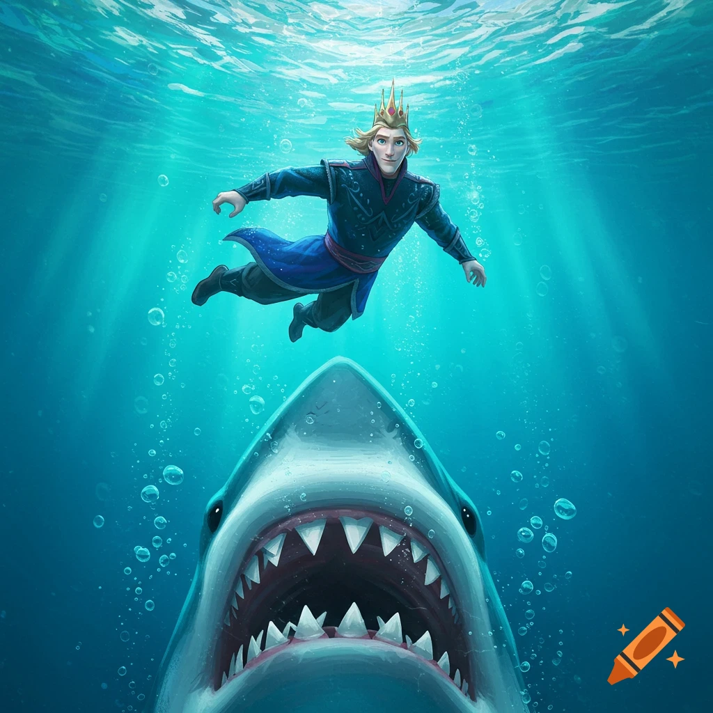 Cartoon King Agnarr from Frozen swims underwater above a gaping shark with many teeth, in an illustrative style.