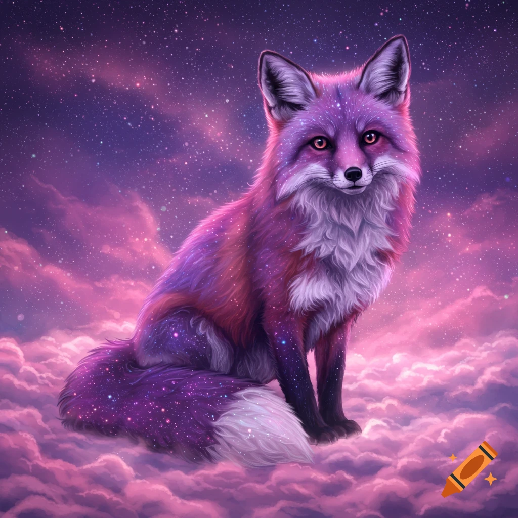 A mystical purple fox with galaxy-patterned fur sits gracefully on pink clouds under a starry, cosmic sky.