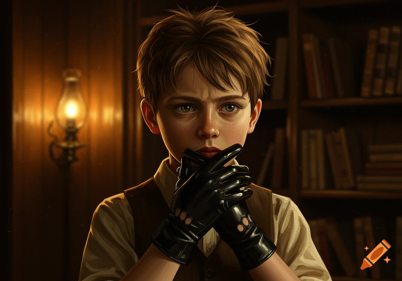 Pensive boy with brown hair in black gloves, light shirt, and vest, in a dimly lit room with bookshelves.