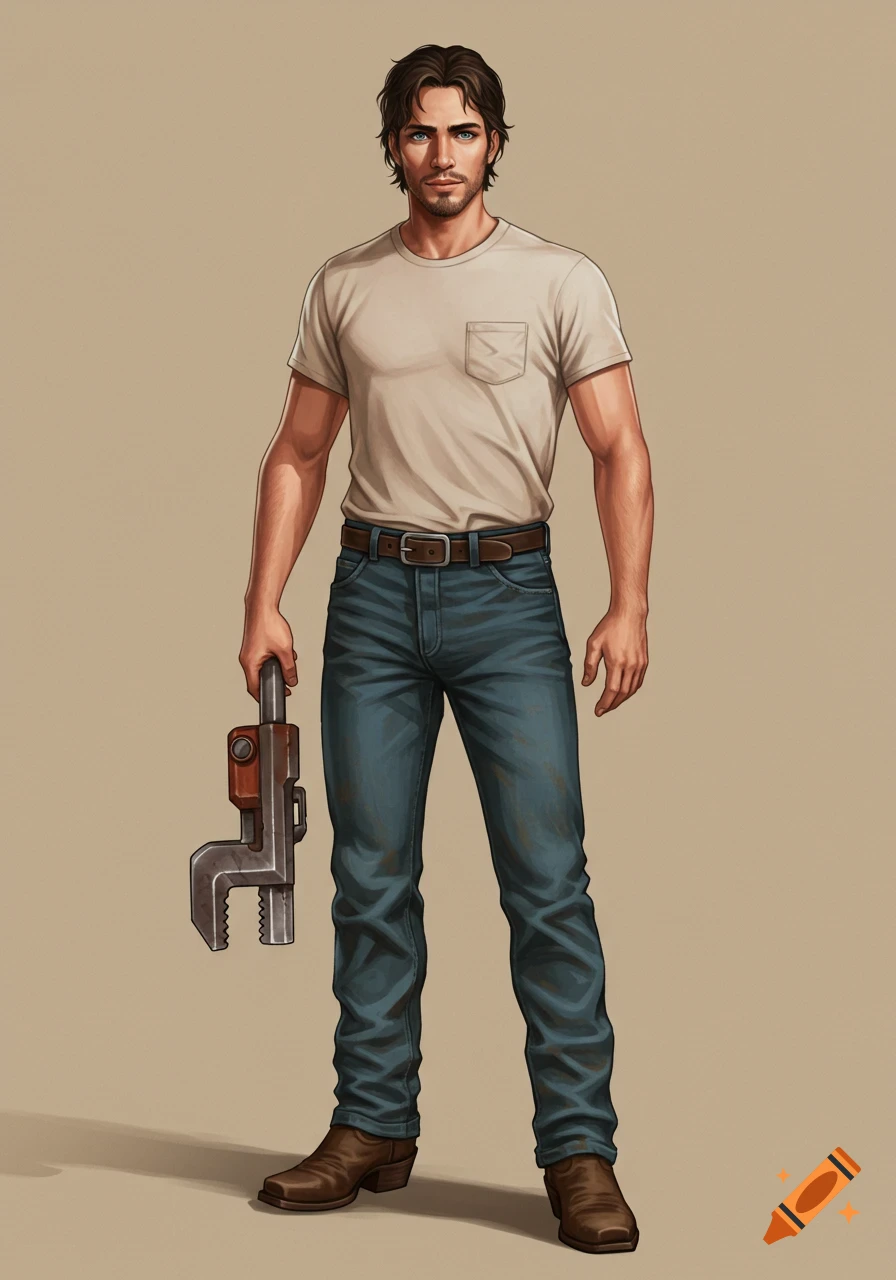An illustration of a man with dark hair, blue eyes, and a beard, wearing a beige t-shirt, jeans, and cowboy boots, holding a wrench.