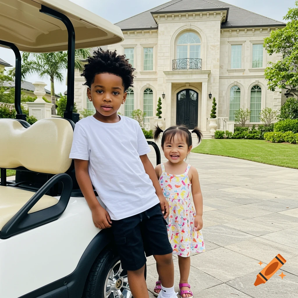 Young Black boy leaning on a golf cart with a smiling Asian girl beside him, in front of a mansion.