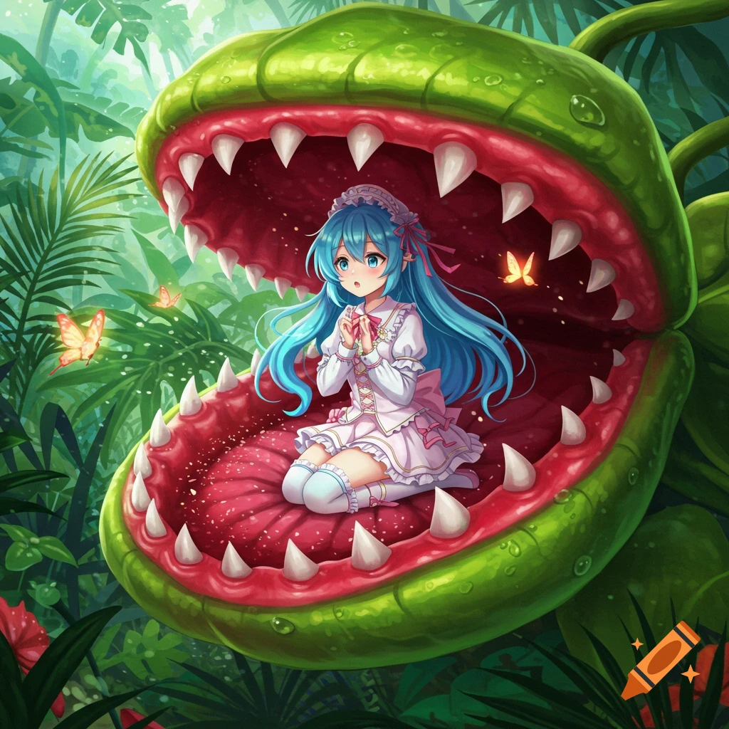 An anime girl with blue hair and a white dress sits inside a giant, open Venus flytrap in a lush jungle, anime style.