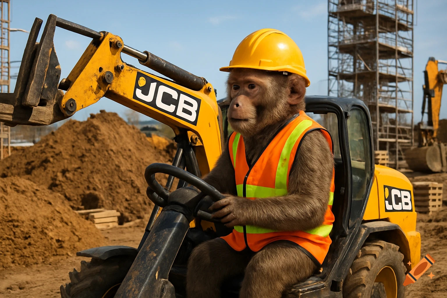 A realistic monkey in a yellow hard hat and orange safety vest operates a yellow JCB loader on a construction site.