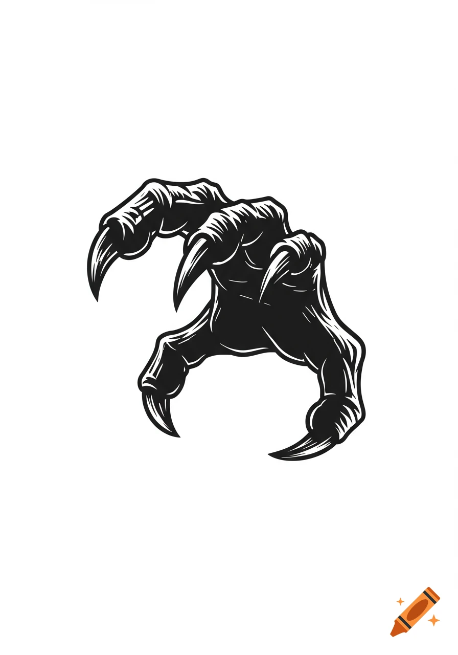 Stylized black and white illustration of a dragon's claw with sharp talons.