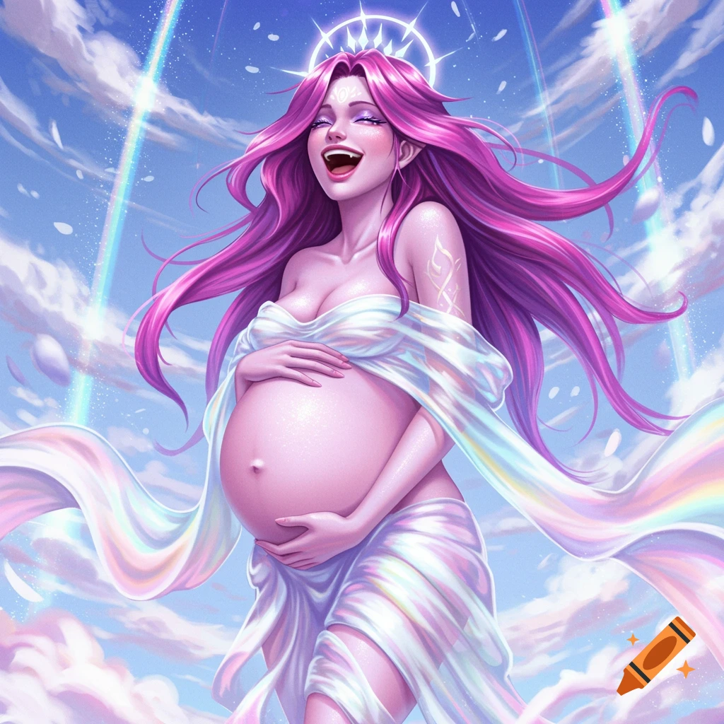 Anime-style pregnant goddess with long purple hair and a halo, laughing under a rainbow sky, draped in flowing white fabric.