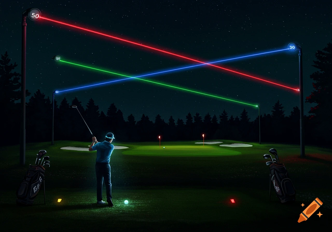 A golfer in a blue shirt swings at a glowing golf ball on a dark night course, with colorful laser beams crossing overhead between two tall poles marked with numbers 50 and 30. Golf bags are on either side.