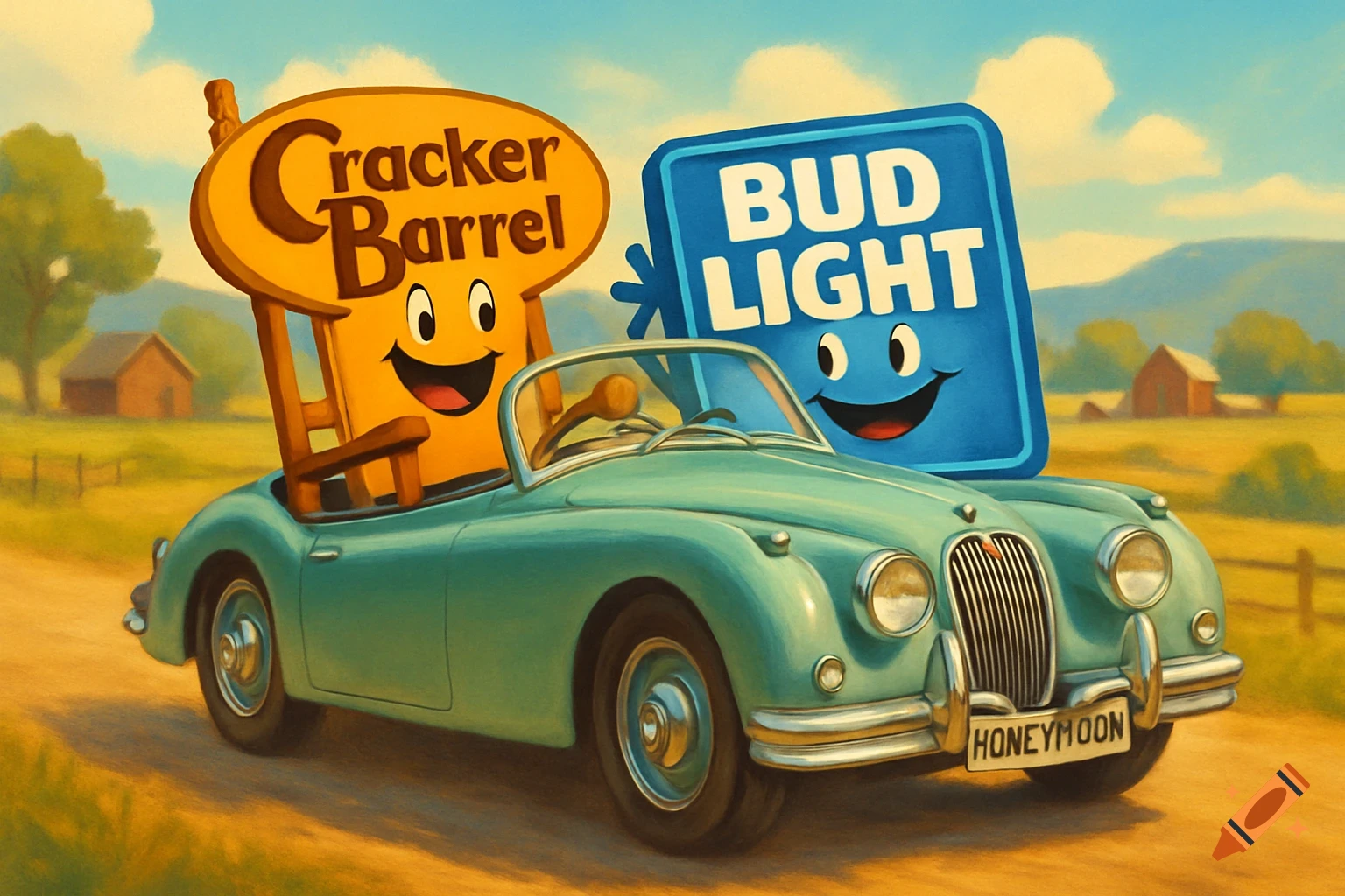Cracker Barrel and Bud Light logos with faces ride in a vintage teal convertible on a dirt road with a 'HONEYMOON' license plate, rural landscape.