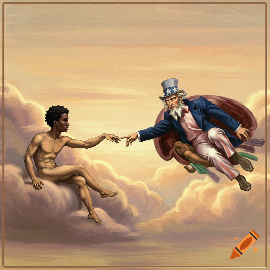 An illustration of Uncle Sam as God reaching out to a Black man as Adam, in a scene parodying The Creation of Adam painting.