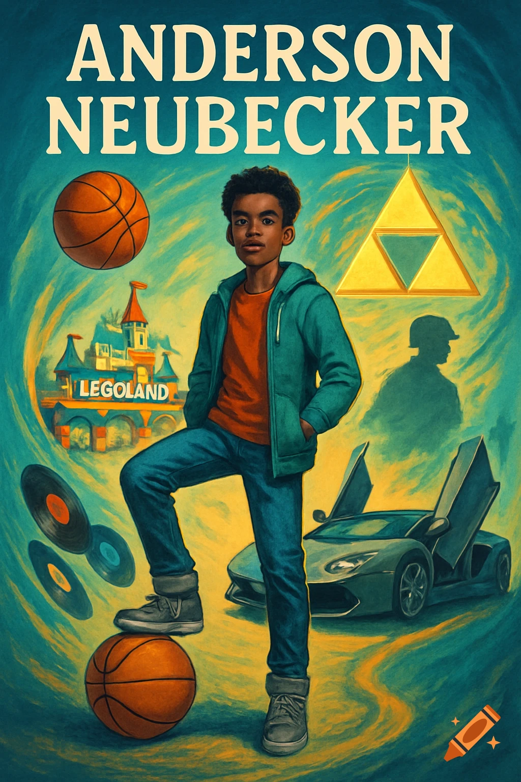 Illustrated book cover of a young Black boy standing with a basketball, surrounded by Legoland, a Lamborghini, vinyl records, and the Zelda Triforce, with 'ANDERSON NEUBECKER' at the top.