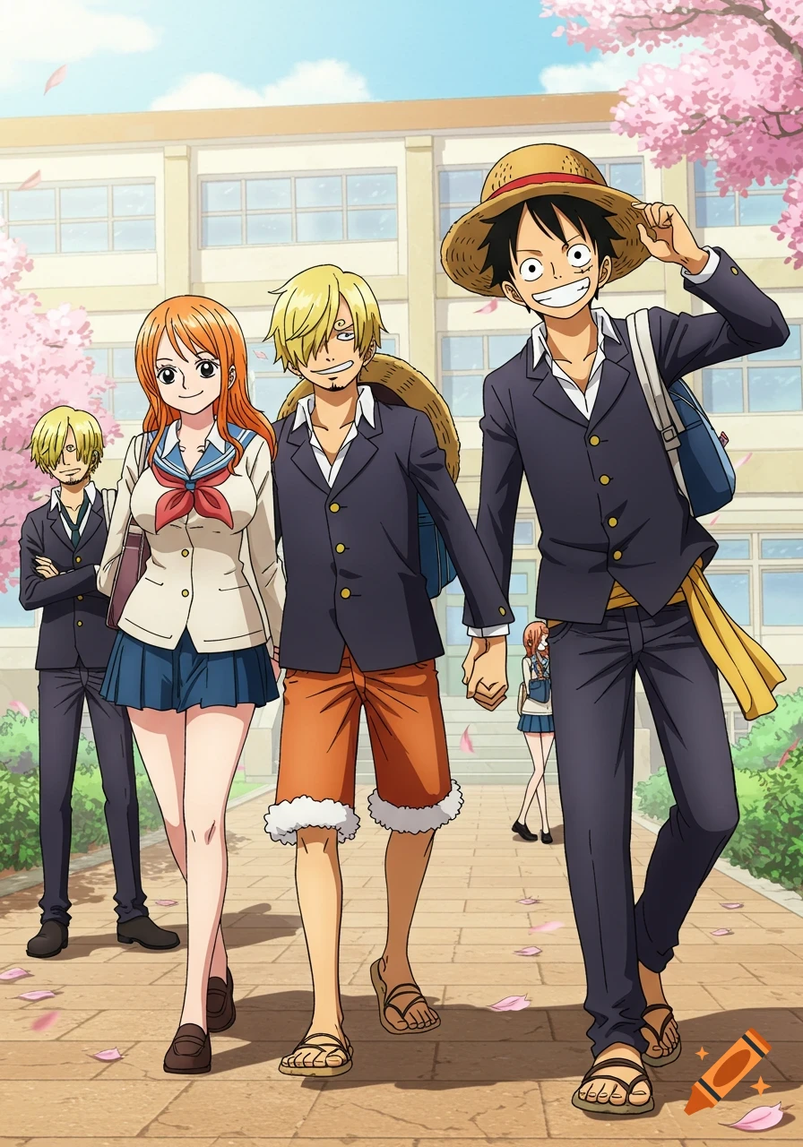 Anime characters Luffy and Nami holding hands, walking in a schoolyard with cherry blossoms, while Sanji glares in the background.