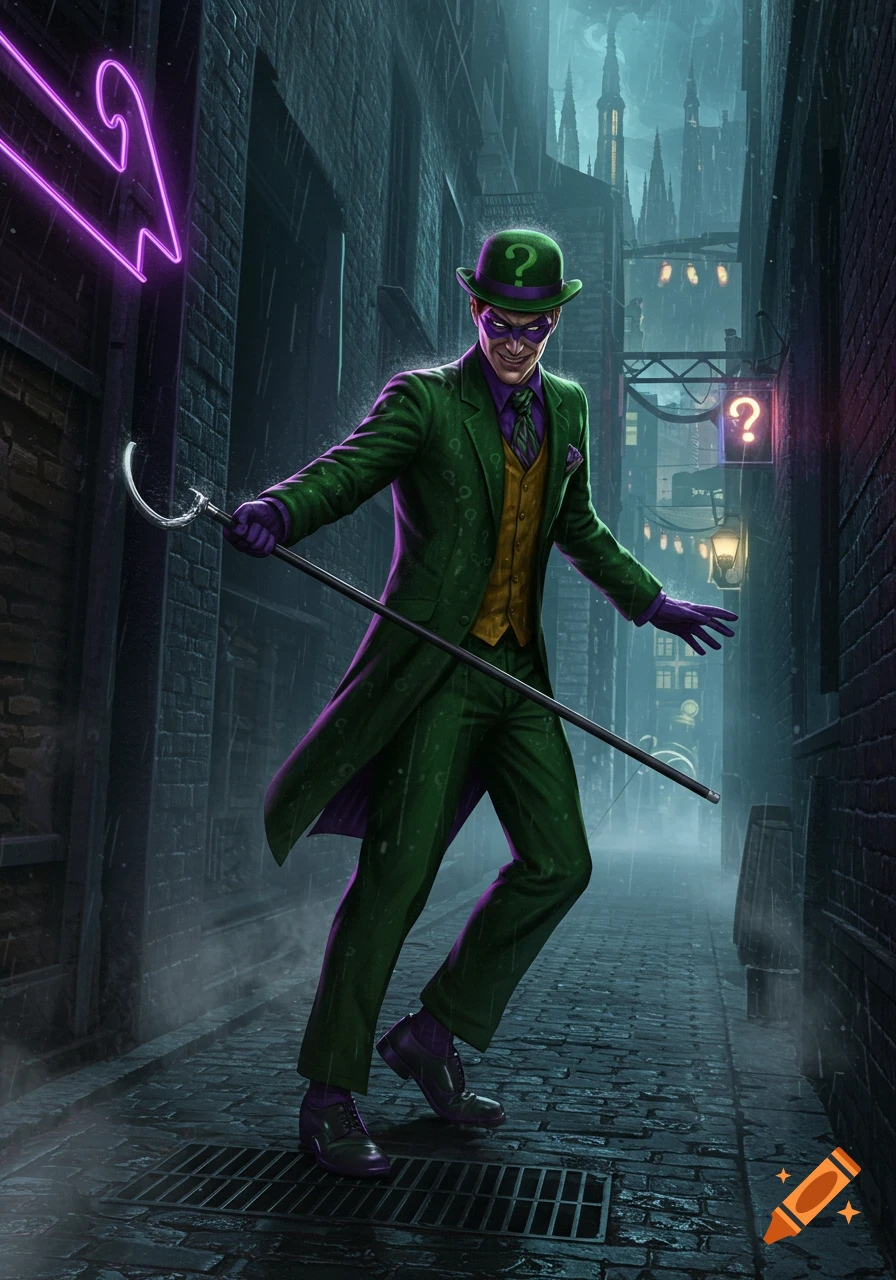 The Riddler in a green suit and hat, holding a cane, walks down a rainy, dark city alley with neon question marks.