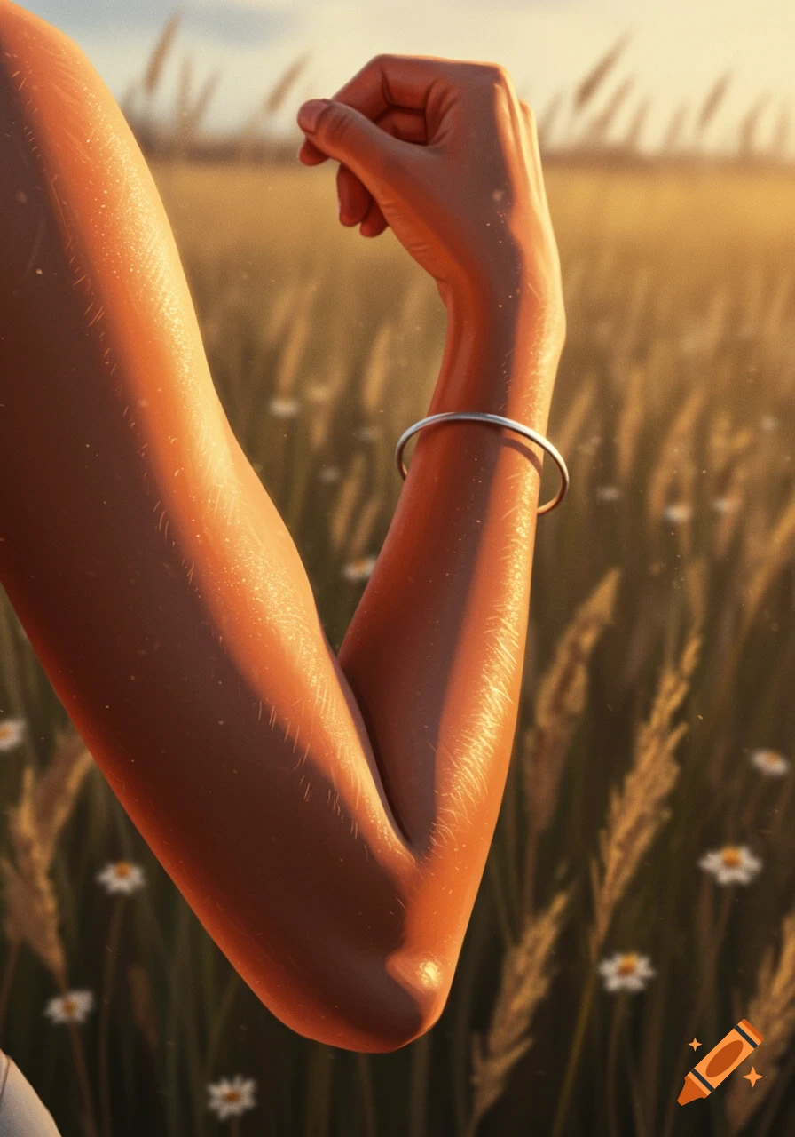 A woman's arm with a silver bracelet, lit by golden sunlight, against a blurry field of wheat and white flowers.