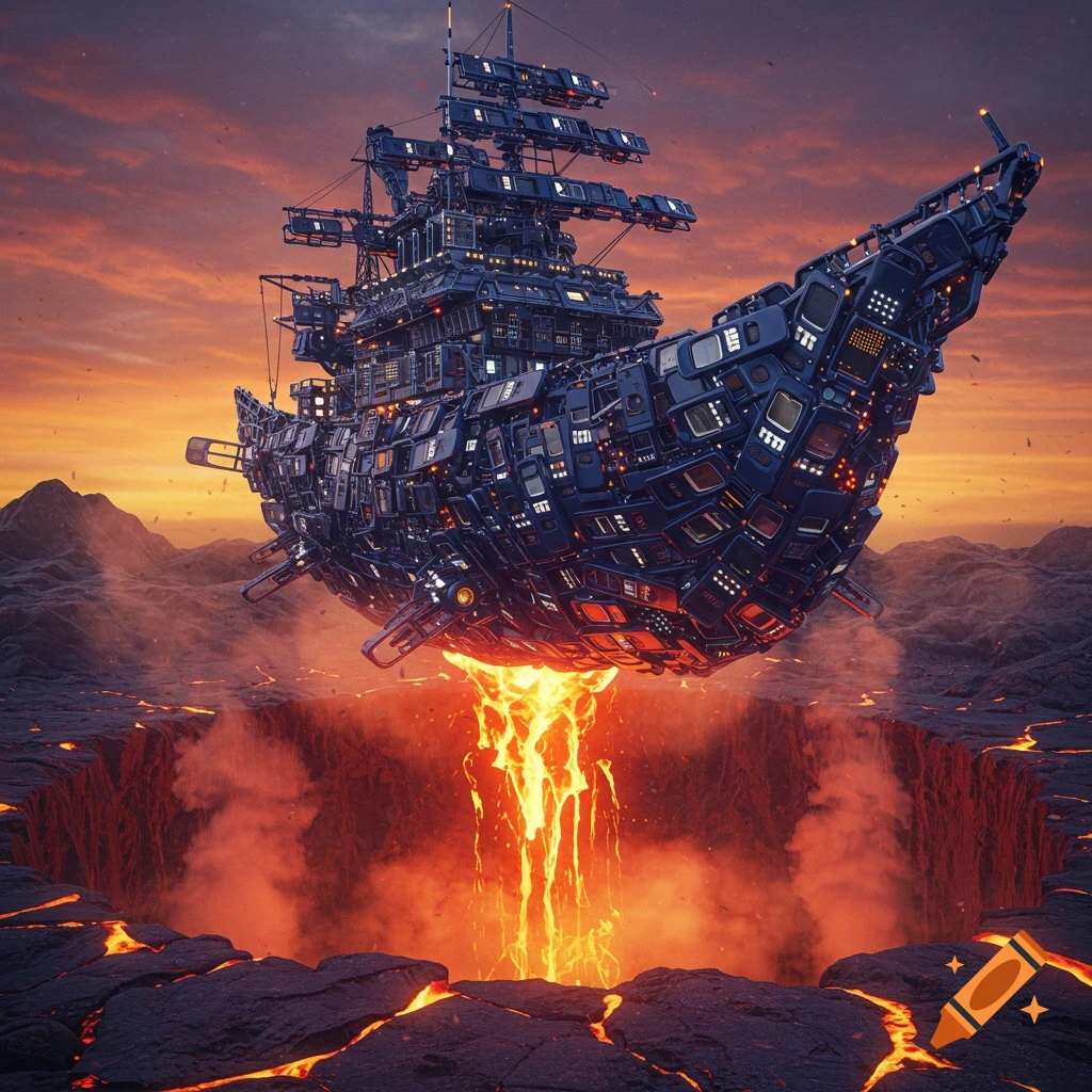 A futuristic ship made of dark metallic components and screens hovers over a volcanic landscape with lava flowing from a deep chasm.