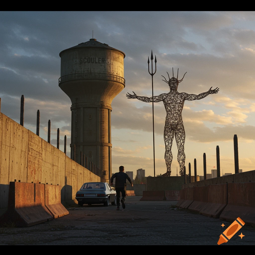 Man runs from car towards large wire sculpture of Poseidon next to a water tower at sunset.
