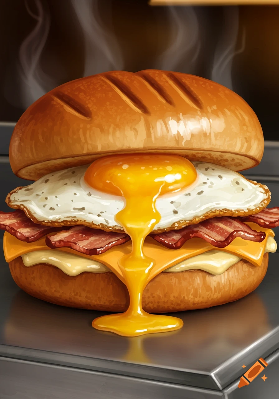 A stylized illustration of a breakfast sandwich with a runny fried egg, crispy bacon, melted cheese, and steam rising.