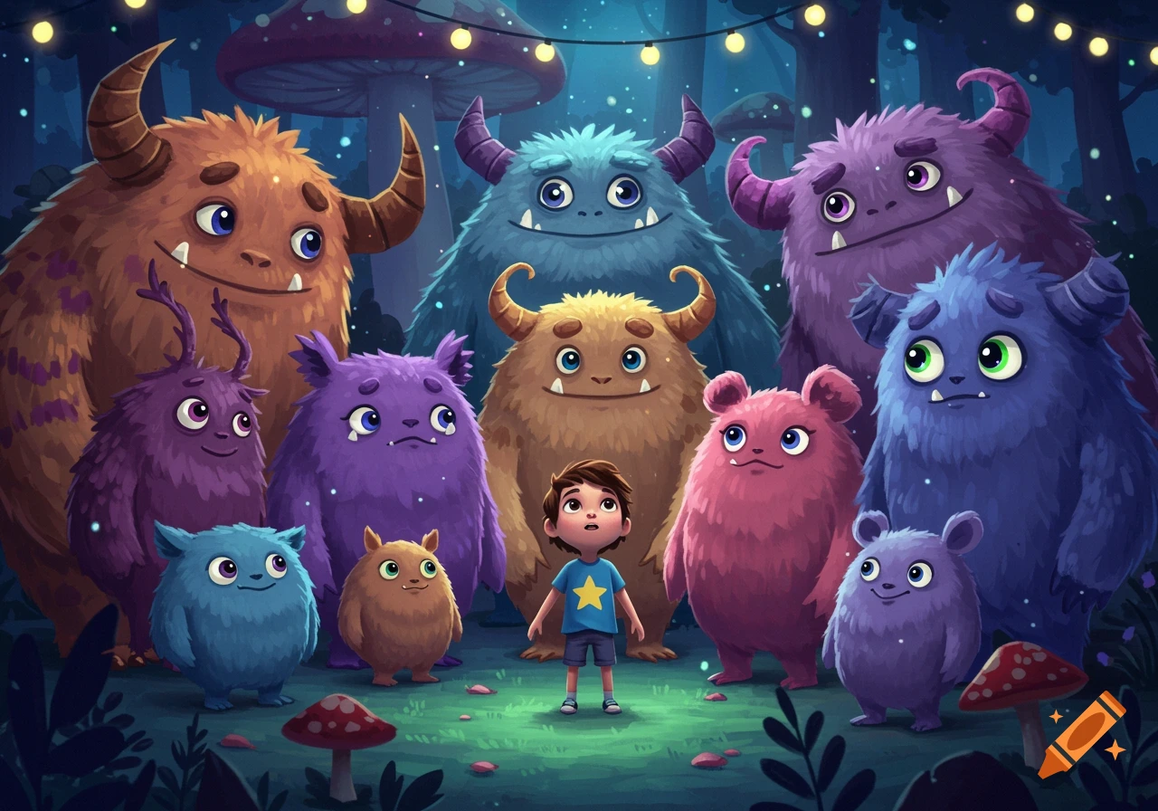 A cartoon child stands in a whimsical, glowing forest, surrounded by a large group of colorful, friendly monsters.