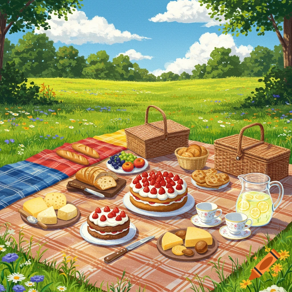 A vibrant illustration of a picnic spread on a checkered blanket in a sunny meadow, with cakes, bread, cheese, fruit, and lemonade.
