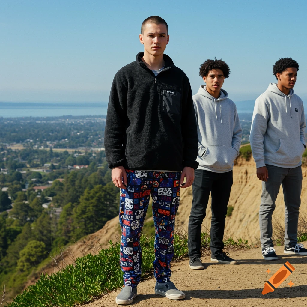 Three young men stand on a sunny hillside overlooking a city and ocean. The man in front wears a black fleece and Star Wars pants.
