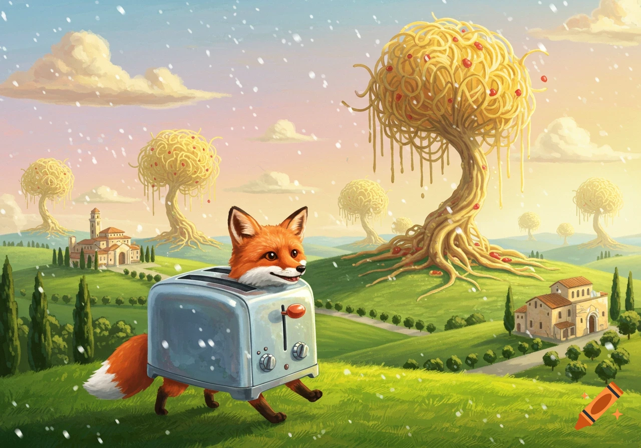 A cute red fox with a toaster body walks through a surreal Italian landscape with spaghetti trees and rolling green hills.