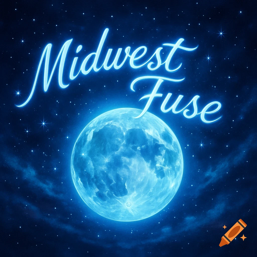 Glowing 'Midwest Fuse' text above a bright blue full moon in a starry midnight sky.