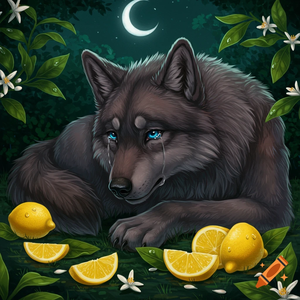 A crying furry wolf with blue eyes lies among lemons, lemon slices, and white flowers under a crescent moon in a dark forest.