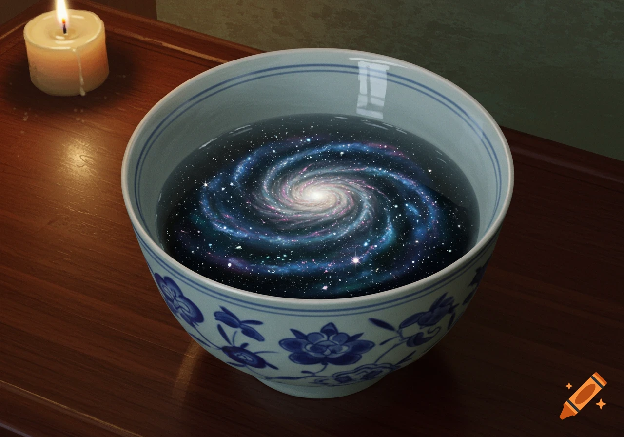 A ceramic bowl containing a swirling galaxy, next to a lit candle on a wooden table.