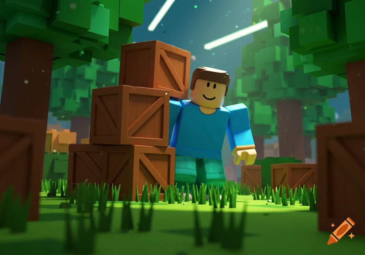 A blocky Roblox character, resembling a noob, stands next to a stack of wooden crates in a lush, blocky forest environment.