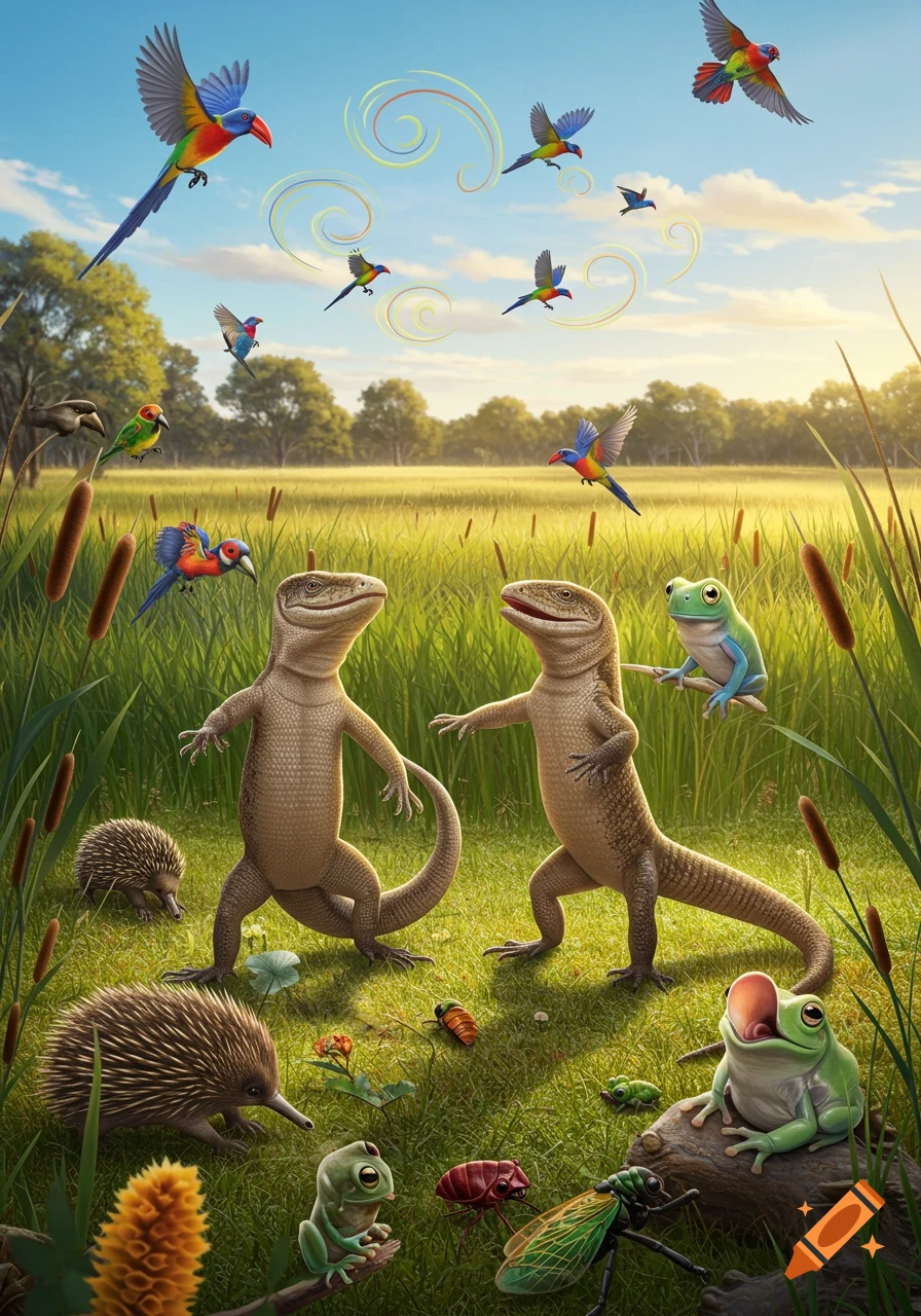 Two cartoonish goannas dance in a grassy field with echidnas, frogs, insects, and colorful parrots flying above, creating swirls in the sky.