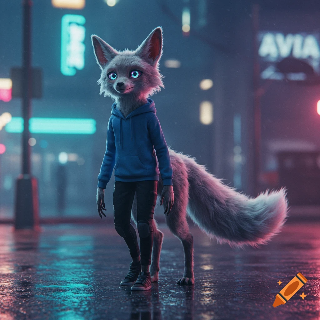 An anthropomorphic gray fox in a blue hoodie and black pants stands on a wet street at night, illuminated by neon city lights.