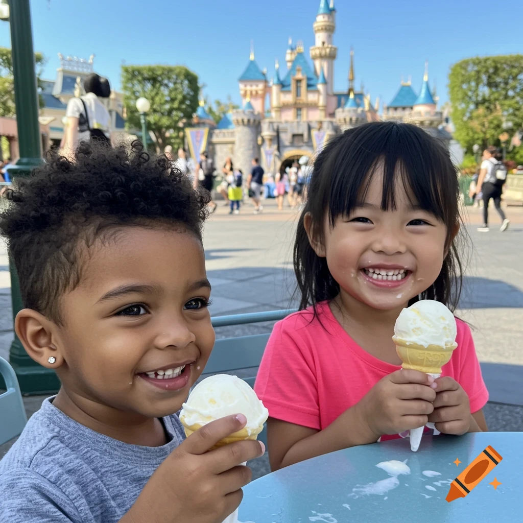 Two smiling children, a boy and a girl, eat vanilla ice cream cones at a table in Disneyland, with the castle in the background.