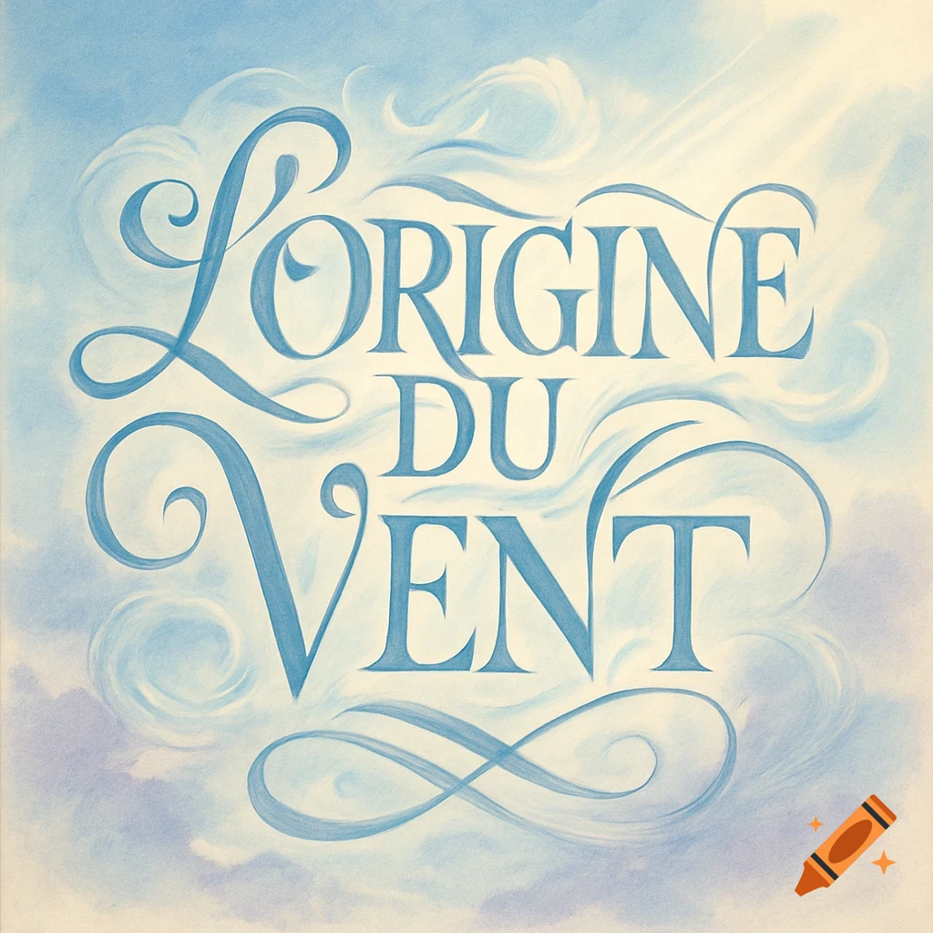 Stylized blue lettering 'L'ORIGINE DU VENT' against a soft, light blue cloudy sky background in an illustrative style.