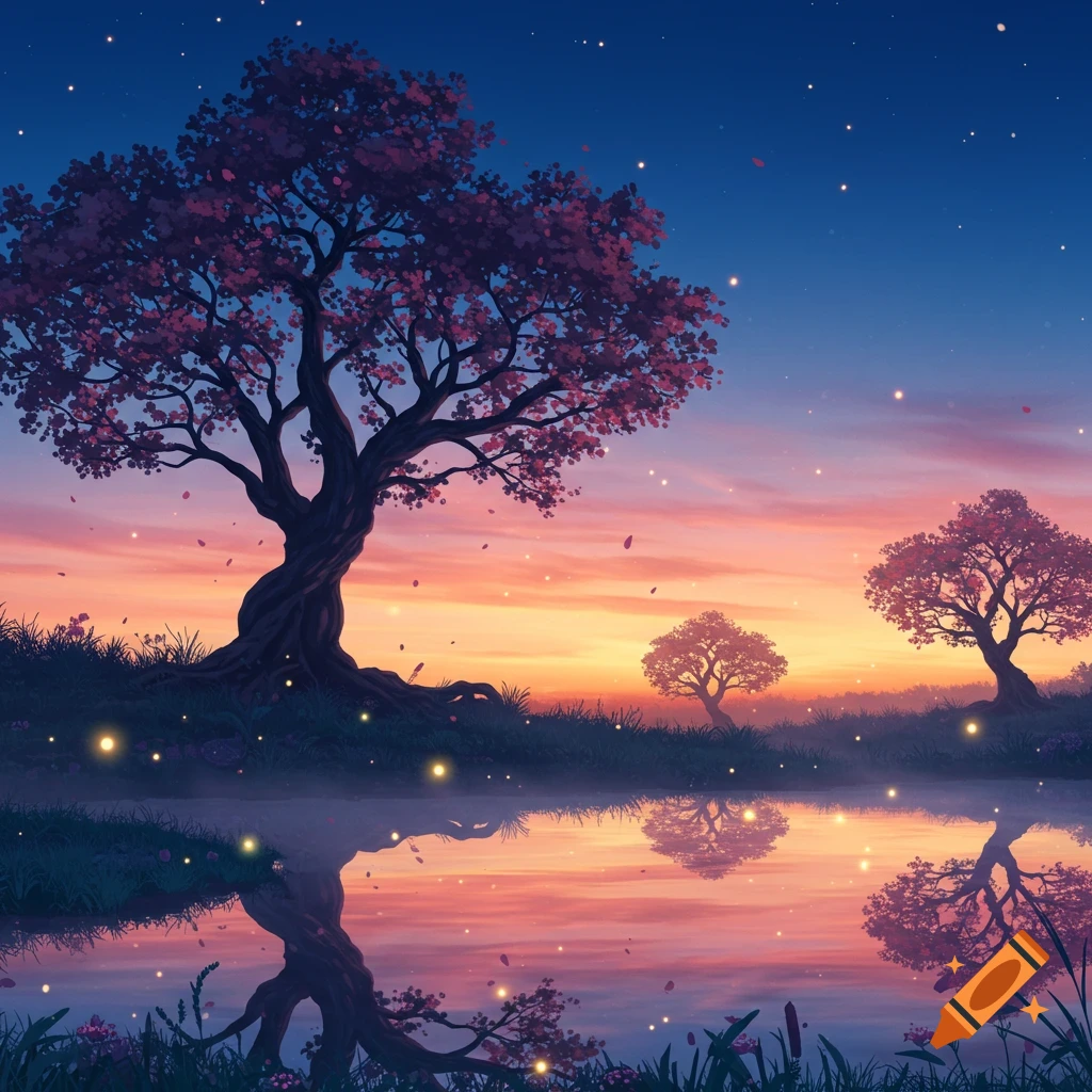 A serene fantasy landscape with cherry blossom trees reflecting in a still lake at sunset, with sparkling lights.