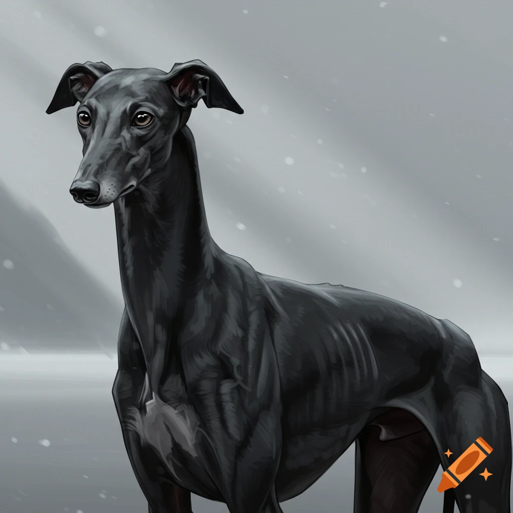 Stylized illustration of a sleek black greyhound with brown eyes and inward-pointing ears, in a snowy, muted grey background.