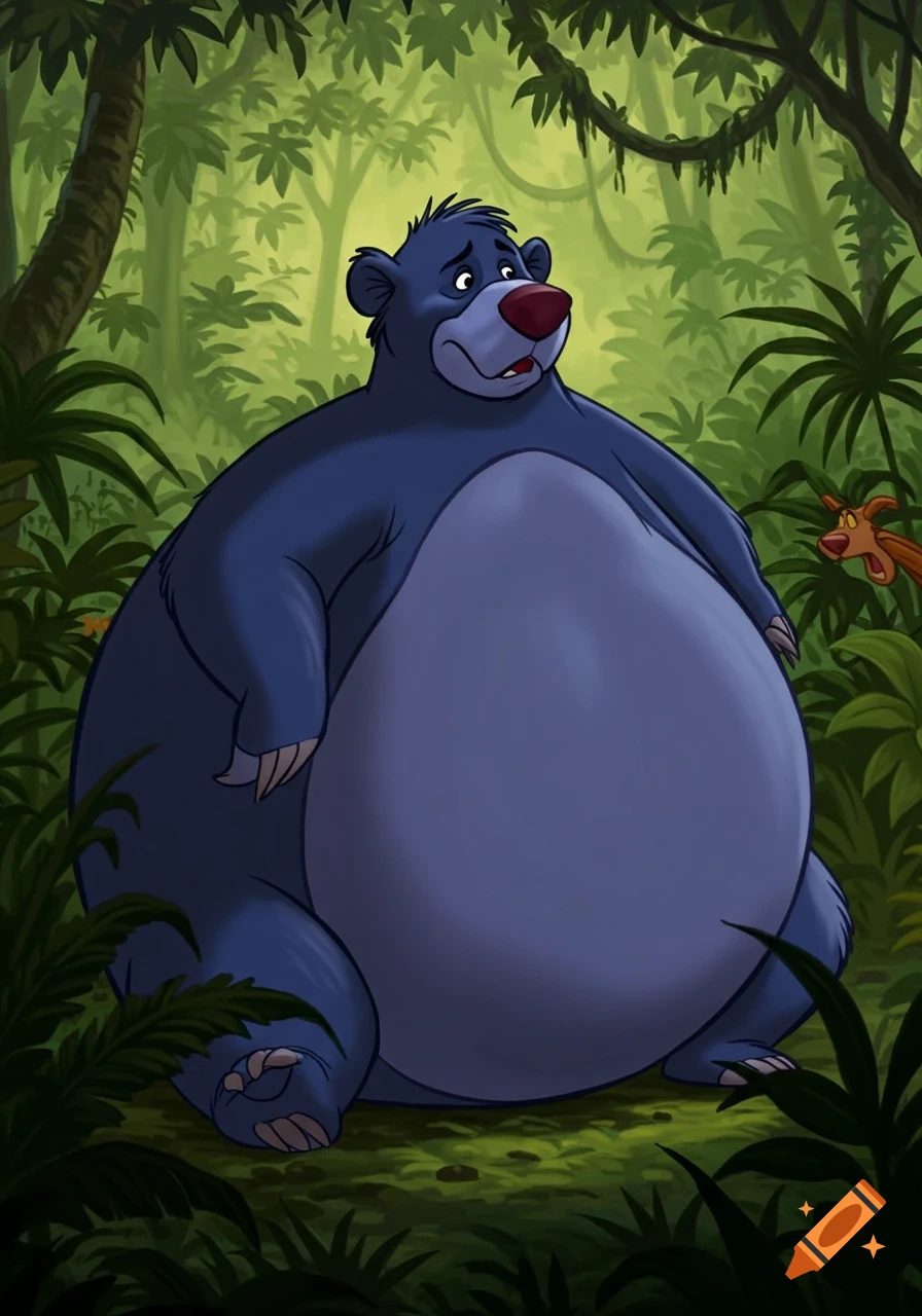 A large, dark blue Baloo from The Jungle Book sits in a jungle, looking nervous and inflated like a blueberry.