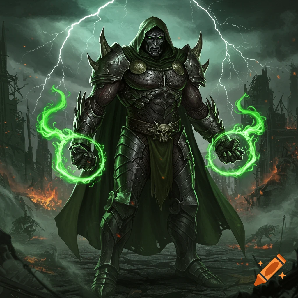 Full-body illustration of a dark armored character with a green cape, emitting green energy from fists, standing in a destroyed city with lightning.