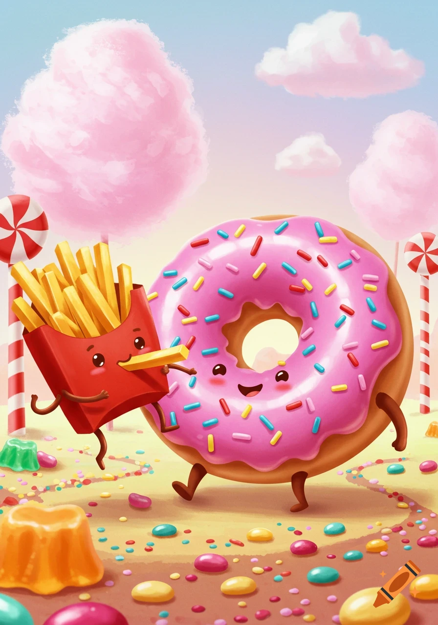 A cute pink donut with sprinkles and a box of french fries with faces walk through a vibrant landscape filled with candies and cotton candy clouds.