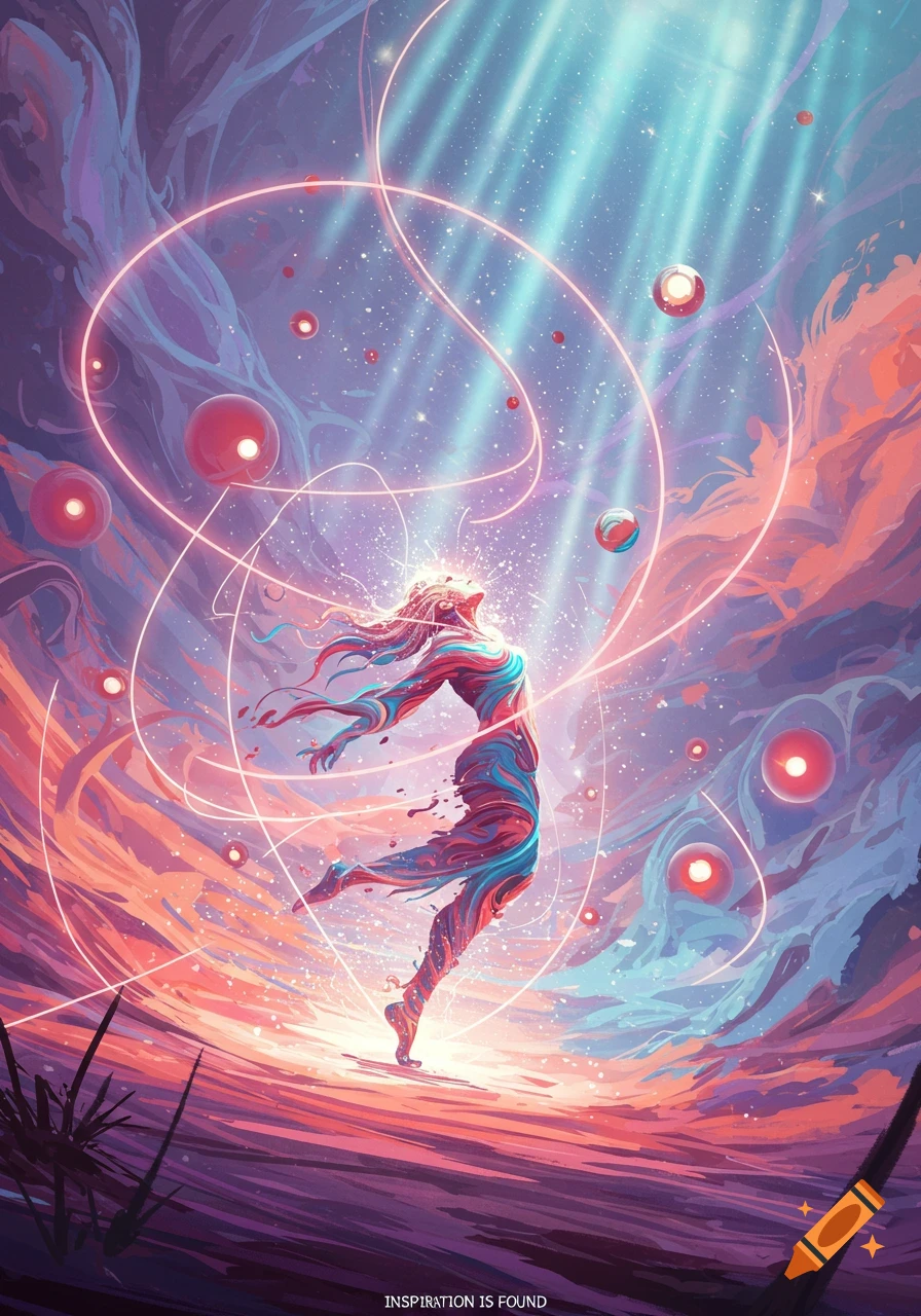 Stylized figure with swirling colors and glowing lines, reaching upwards amidst a cosmic, vibrant background.