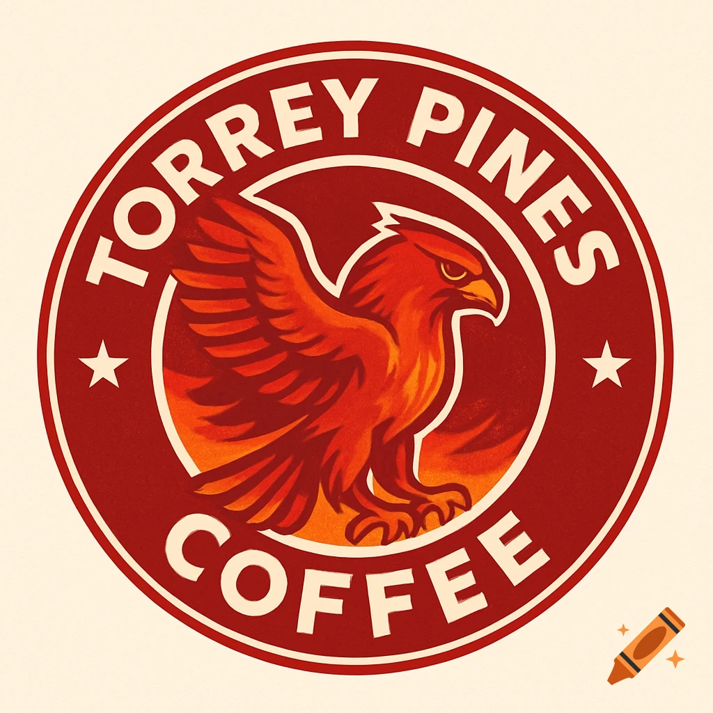 A round red and white logo for Torrey Pines Coffee, featuring a stylized red and orange falcon.