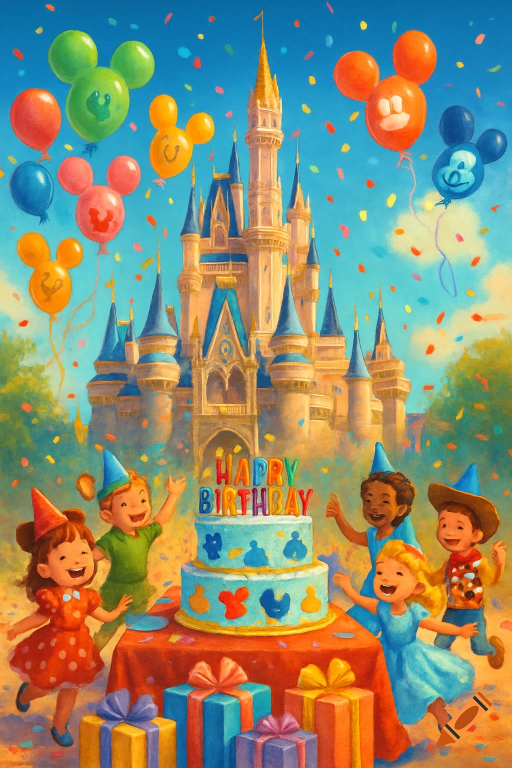 A vibrant, painterly image of children celebrating a birthday party in front of a grand fantasy castle with balloons, a cake, and gifts.
