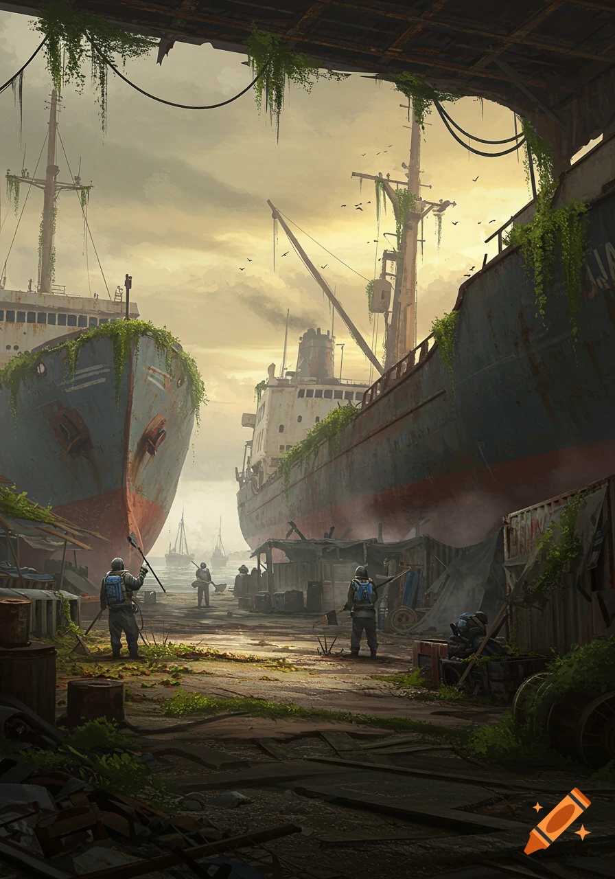 A post-apocalyptic dockyard at sunset with large, rusted ships overgrown with vines, and figures walking amongst makeshift shelters.