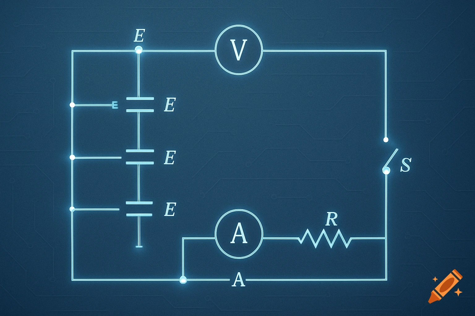 Electrical circuit diagram with three cells, a voltmeter, ammeter, resistor, and switch, all glowing neon blue.