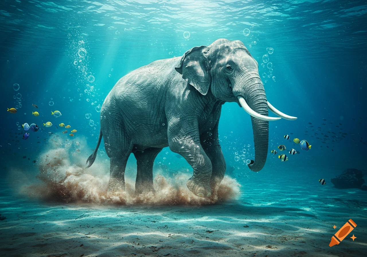 A photorealistic elephant walks on a sandy ocean floor, stirring sediment, with colorful fish swimming and sun rays in blue water.