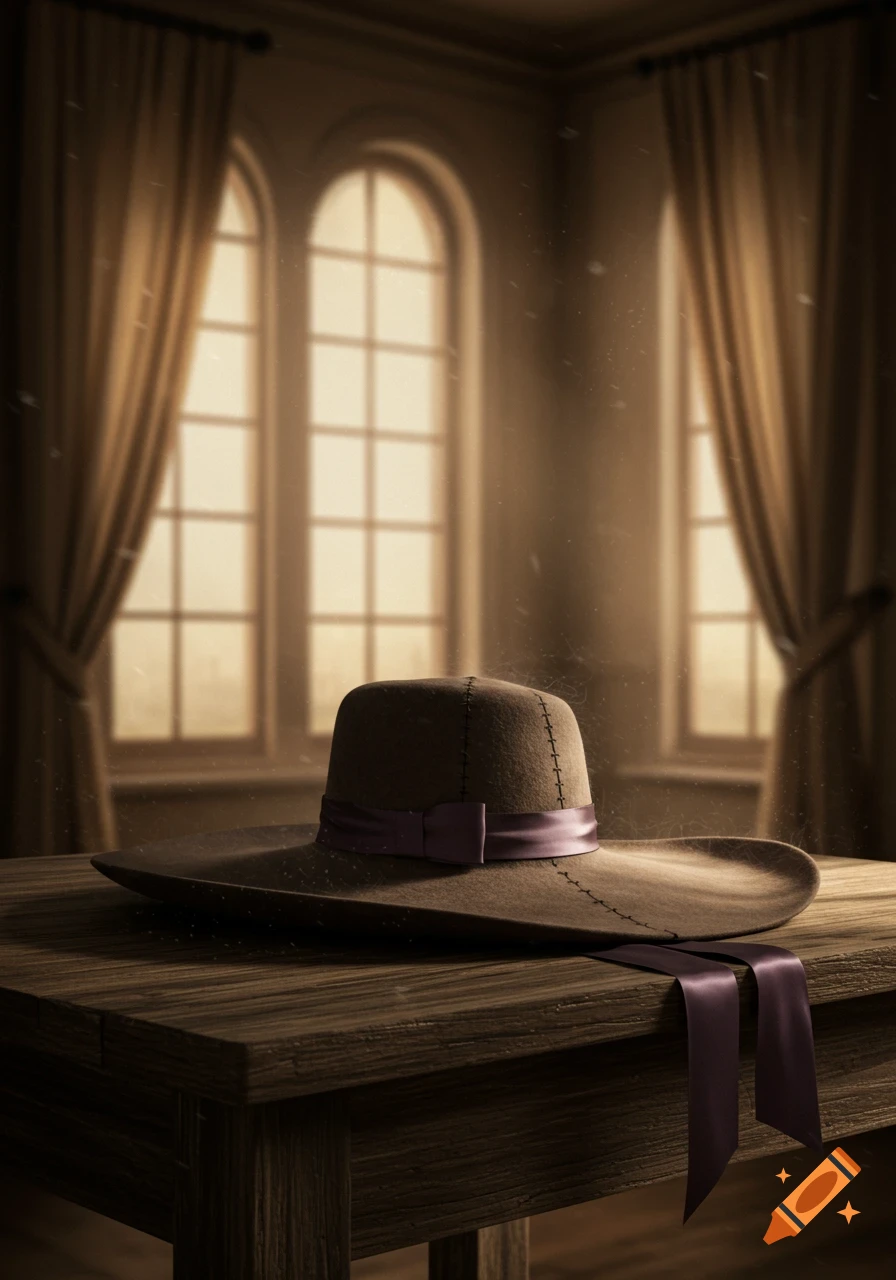 A somber, wide-brimmed felt hat with a purple ribbon sits on a wooden table in a dimly lit room with arched windows.