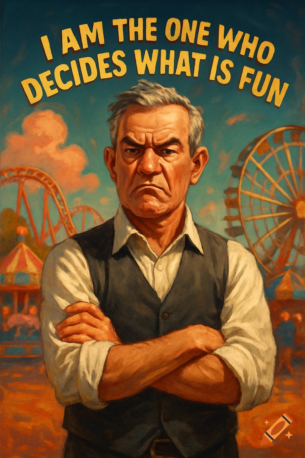 A grumpy man with crossed arms stands at an amusement park under a sign that reads 'I AM THE ONE WHO DECIDES WHAT IS FUN'. Painting style.