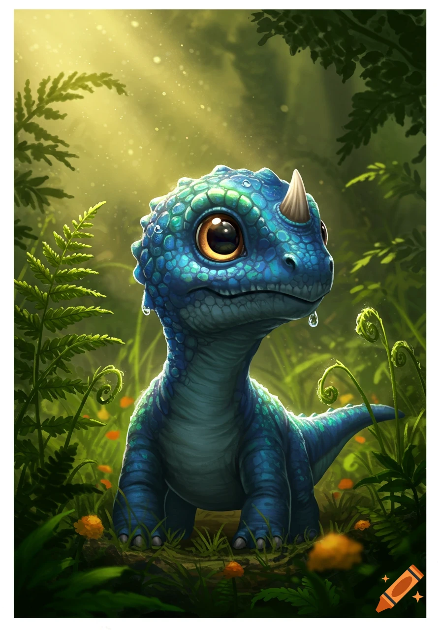 A cute, blue and green baby dinosaur with big eyes stands in a lush, sunlit forest.