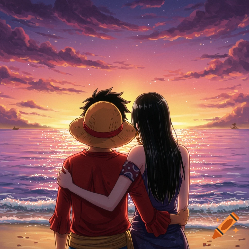 Anime style illustration of Luffy and Hancock hugging, looking at a vibrant sunset over the ocean from a sandy beach.