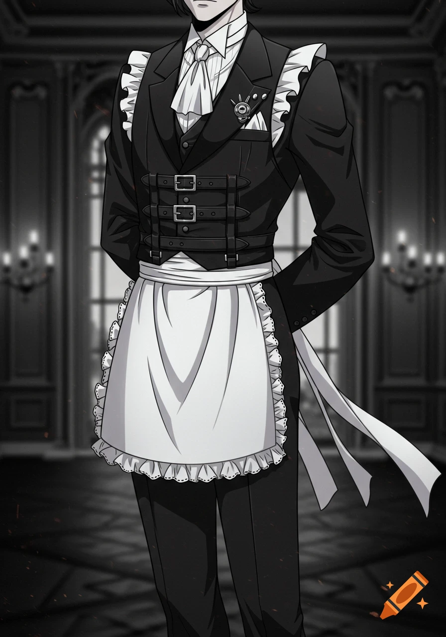 An anime-style butler in a black suit with a white ruffled shirt, black strapped vest, and white waist apron, standing in a dark, ornate room.