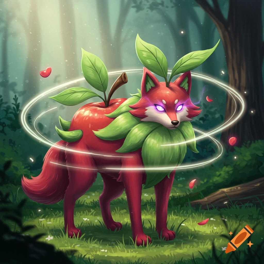 Fantasy wolf-apple creature with glowing eyes, surrounded by magical rings in a mystical forest, Pokémon style.