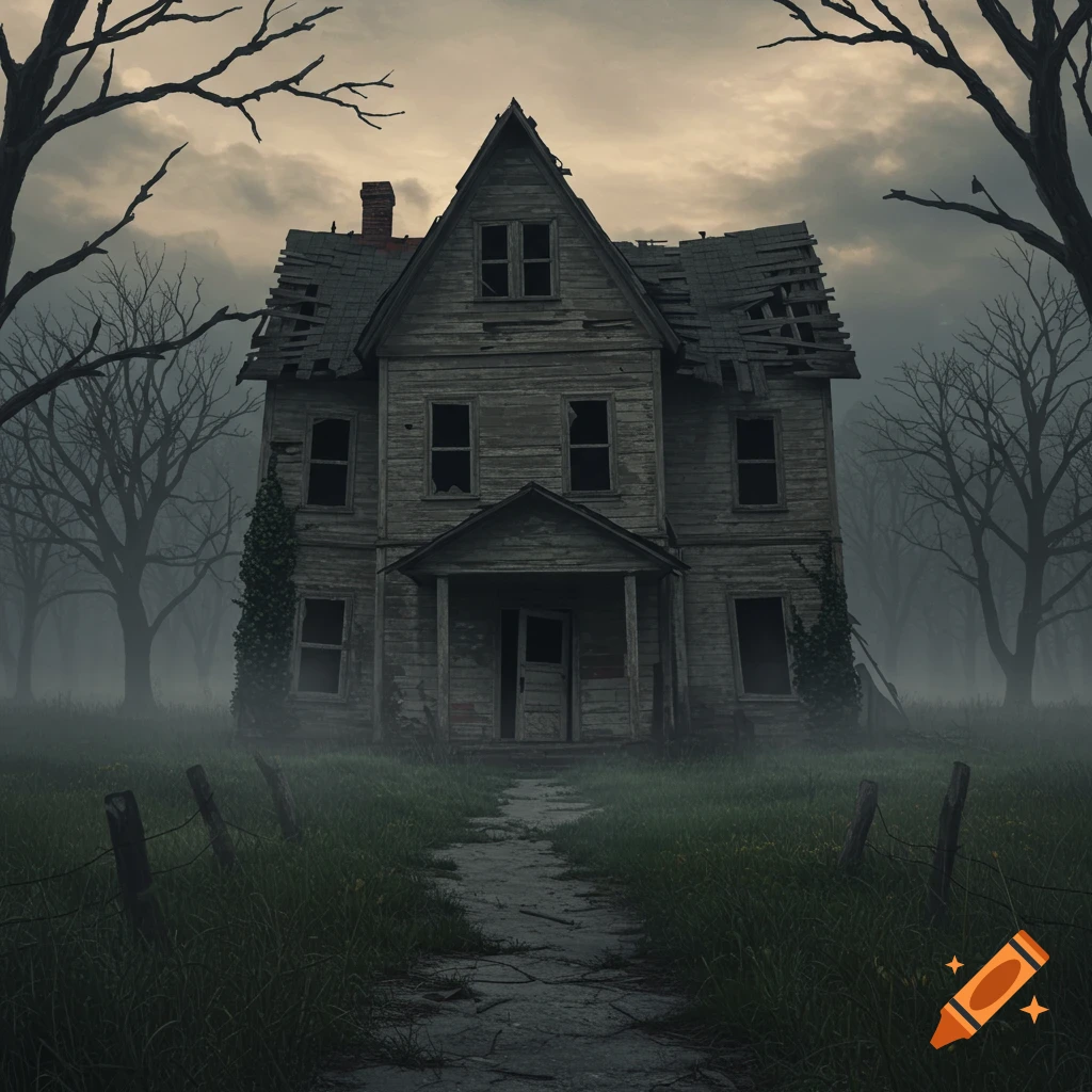 An old, dilapidated abandoned house stands eerily in a foggy, dark forest with bare trees, viewed from a dirt path.