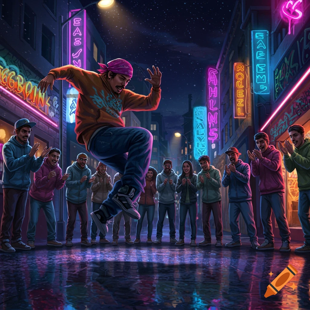 A breakdancer leaps in a vibrant, neon-lit city street at night, surrounded by a cheering crowd.